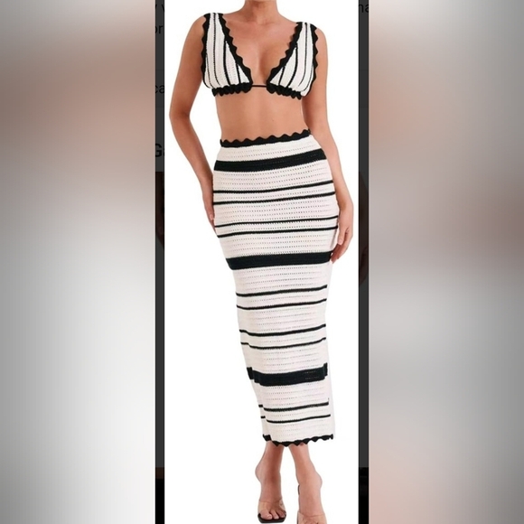 Dresses & Skirts - Bold Black and White Striped Crochet Bikini Top And Bodycon Skirt